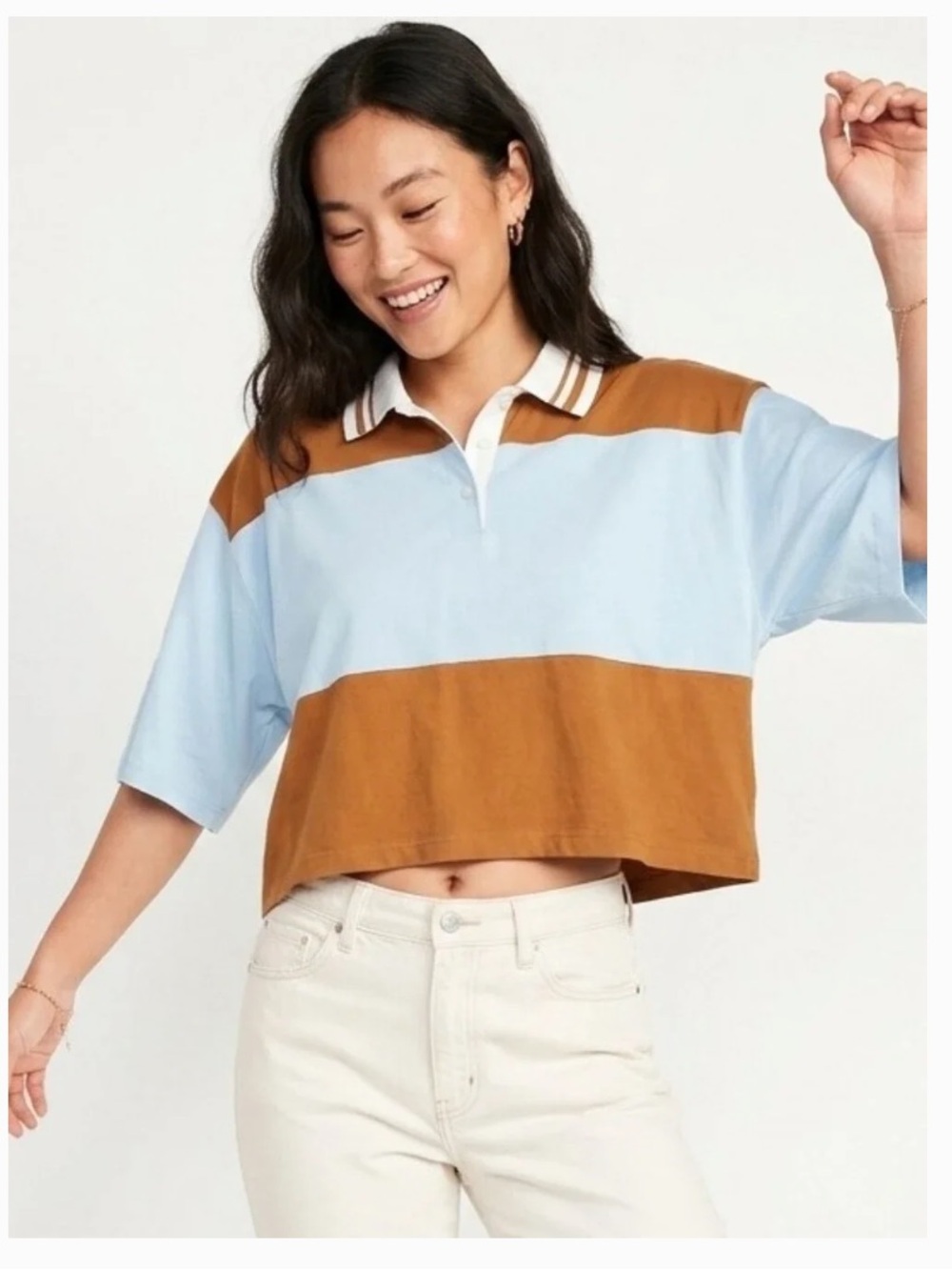 wild fable Cropped Colorblock Polo in Light Blue & Camel, Sz M
